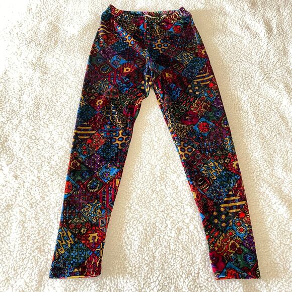 Vintage Ymaginer Patchwork Red Velvet Leggings Made in France 90s Trippy Print - Picture 1 of 12